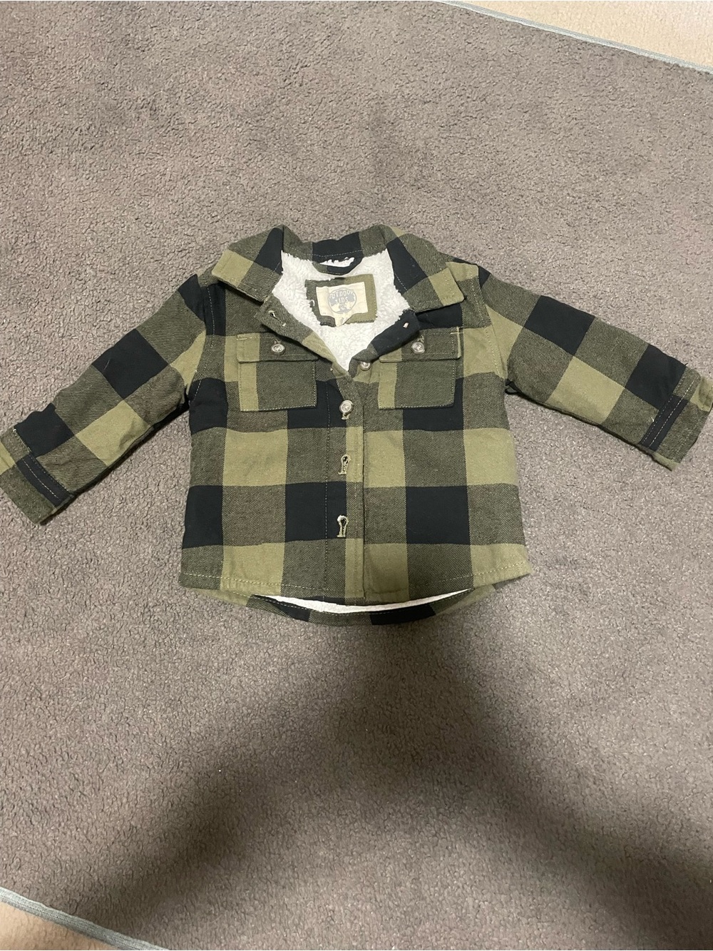 Kids Olive & Black Plaid Sherpa-Lined Shirt Jacket